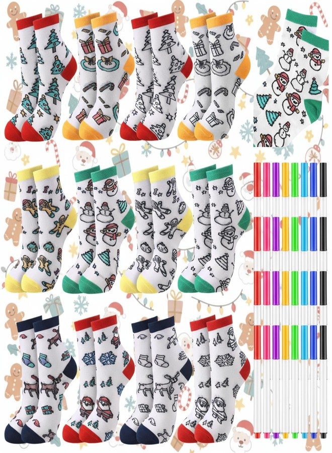 ShinyMatch 12 Pairs Doodle Socks Color Your Own Socks DIY Drawing Craft Arts with 48 Pcs Markers(Christmas) - Image 1